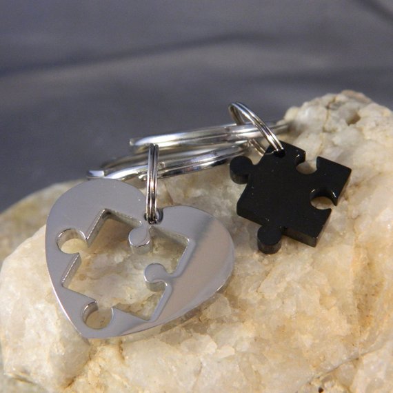 Couples Stainless Steel Heart Puzzle Piece Keychains Silver and Black